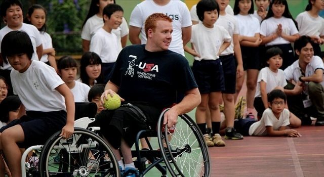 Brendan at Tokyo Elementary School wheelchair softball demonstration